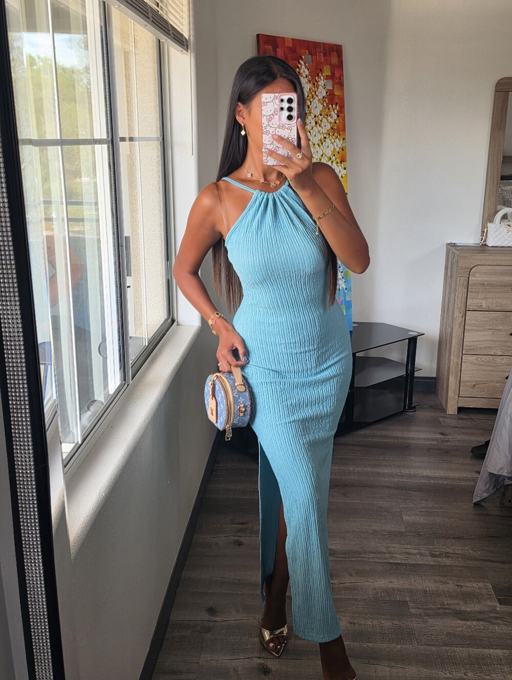 Halter Ribbed Maxi Dress in Aqua